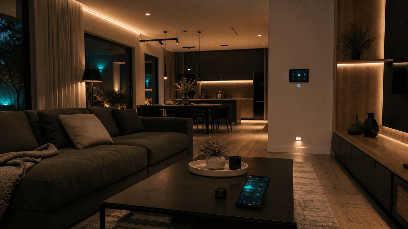 Living moderno con iluminacion inteligente, panel domotico y control desde celular